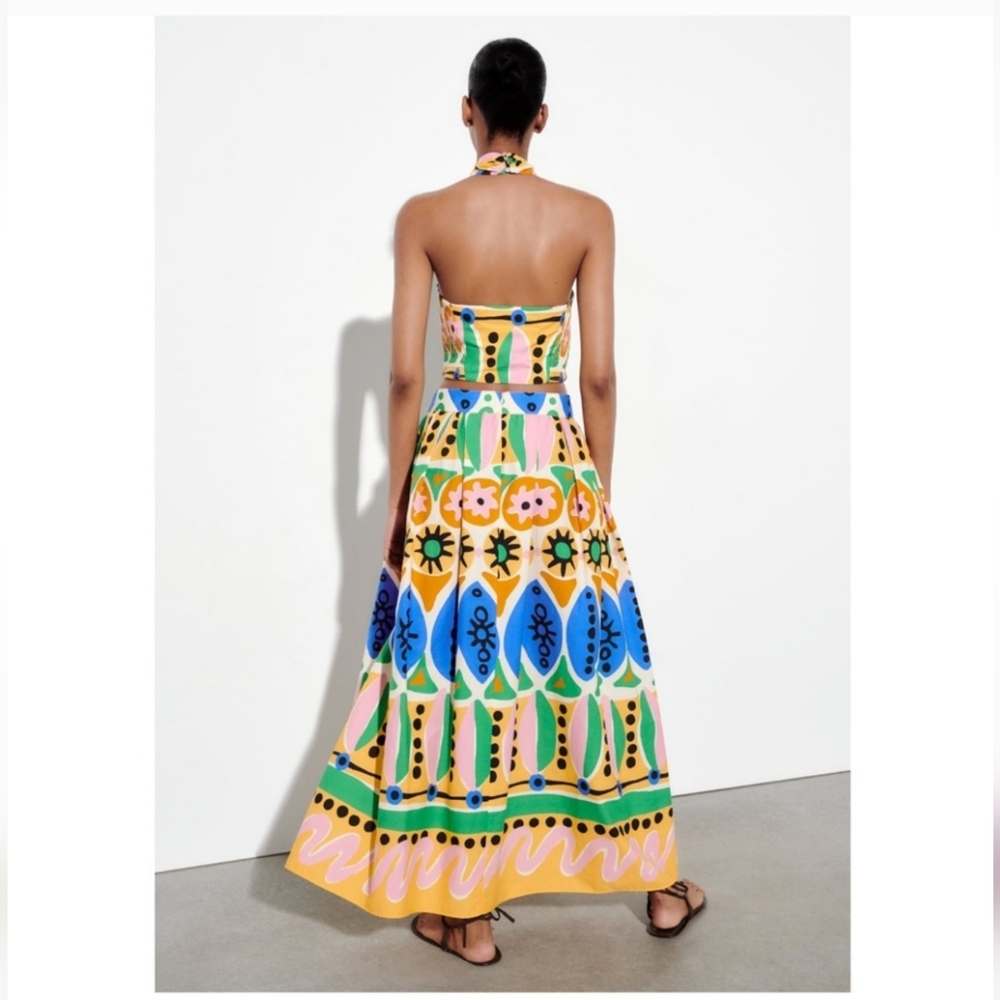 Zara PRINTED MIDI 2023 Collection High Waist full circle cotton poplin skirt - Picture 3 of 8